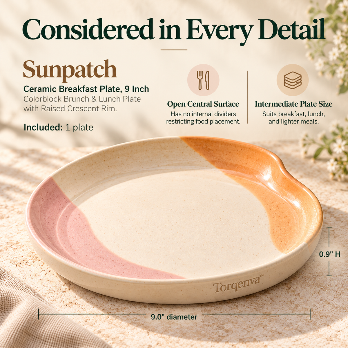 Torqenva™ Sunpatch Ceramic Breakfast Plate, 9 Inch — Colorblock Brunch & Lunch Plate with Raised Crescent Rim