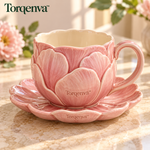 Torqenva™ Petalune Ceramic Coffee Cup & Saucer Set, 10 fl oz — Sculpted Floral Mug with Scalloped Dessert Plate