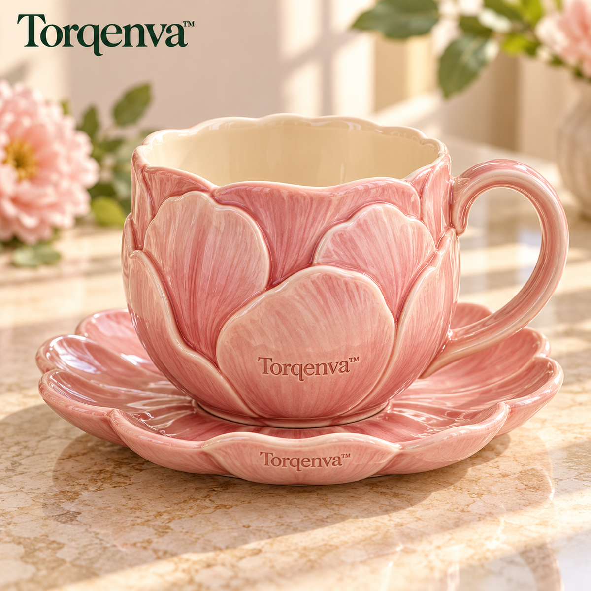Torqenva™ Petalune Ceramic Coffee Cup & Saucer Set, 10 fl oz — Sculpted Floral Mug with Scalloped Dessert Plate
