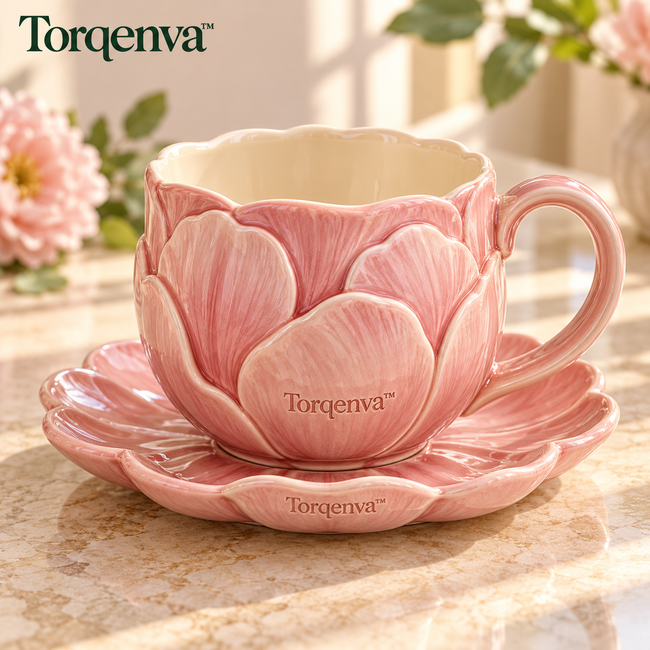 Torqenva™ Petalune Ceramic Coffee Cup & Saucer Set, 10 fl oz — Sculpted Floral Mug with Scalloped Dessert Plate
