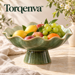 Torqenva™ Gardenrise Ceramic Pedestal Fruit Bowl, 10.5 Inch — Sculptural Wavy Serving Bowl & Table Centerpiece