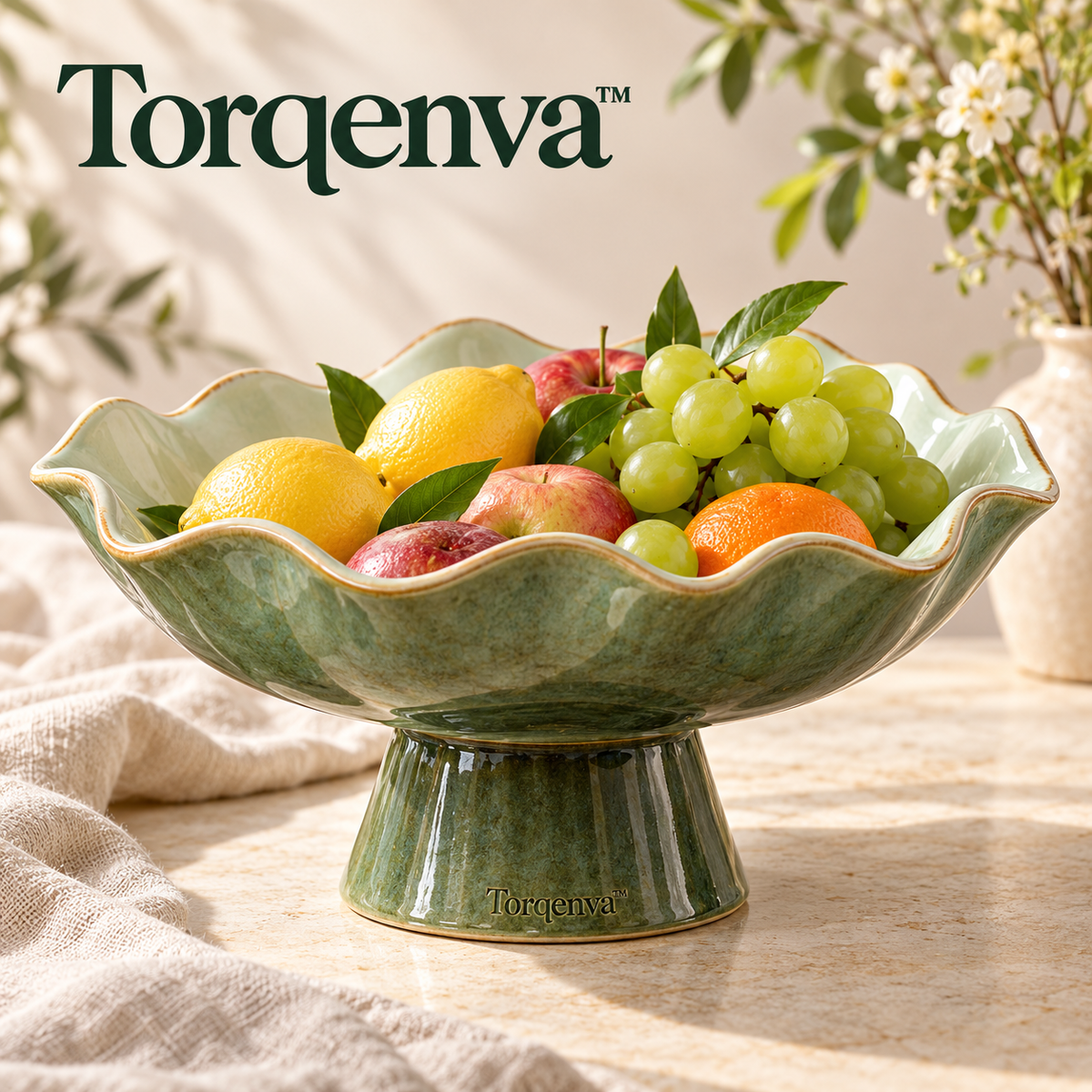 Torqenva™ Gardenrise Ceramic Pedestal Fruit Bowl, 10.5 Inch — Sculptural Wavy Serving Bowl & Table Centerpiece