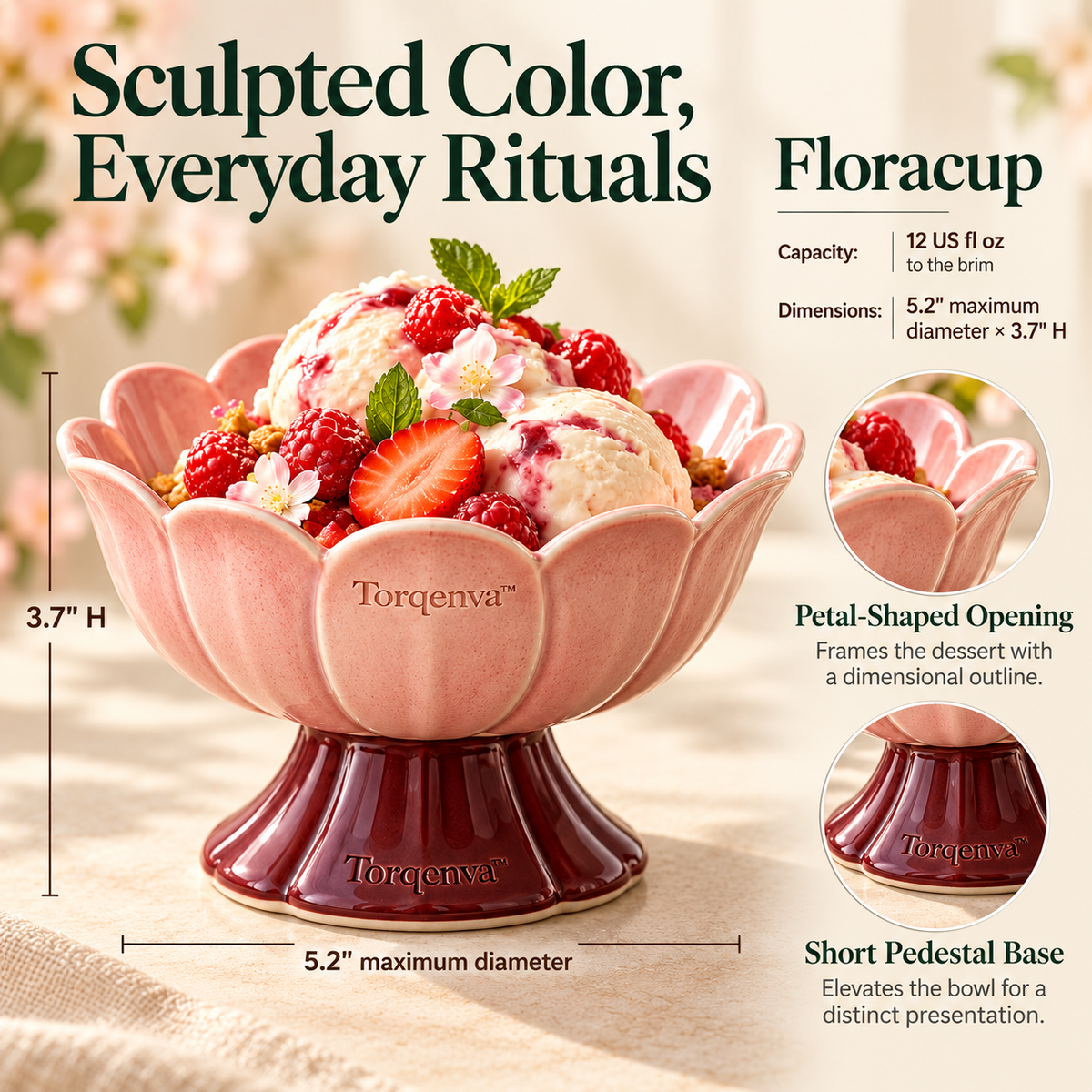 Torqenva™ Floracup Ceramic Dessert Bowl, 12 fl oz — Pedestal Ice Cream Dish with Sculpted Petal Rim