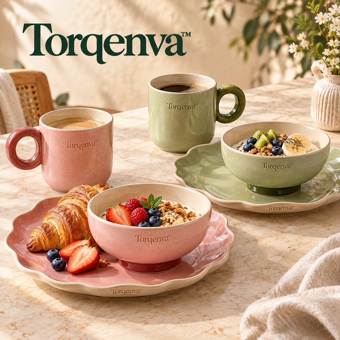 Torqenva™ Sunday Mosaic Ceramic Breakfast Set for 2, 6 Pieces — Coffee Mugs, Brunch Plates & Yogurt Bowls in Coordinated Colors