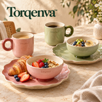 Torqenva™ Sunday Mosaic Ceramic Breakfast Set for 2, 6 Pieces — Coffee Mugs, Brunch Plates & Yogurt Bowls in Coordinated Colors