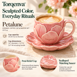 Torqenva™ Petalune Ceramic Coffee Cup & Saucer Set, 10 fl oz — Sculpted Floral Mug with Scalloped Dessert Plate