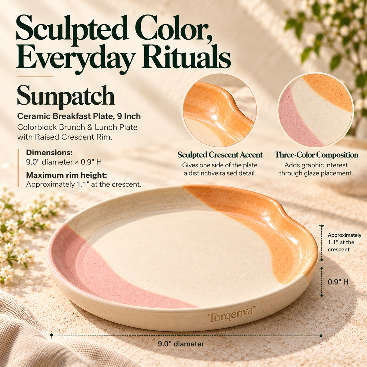 Torqenva™ Sunpatch Ceramic Breakfast Plate, 9 Inch — Colorblock Brunch & Lunch Plate with Raised Crescent Rim