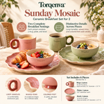 Torqenva™ Sunday Mosaic Ceramic Breakfast Set for 2, 6 Pieces — Coffee Mugs, Brunch Plates & Yogurt Bowls in Coordinated Colors