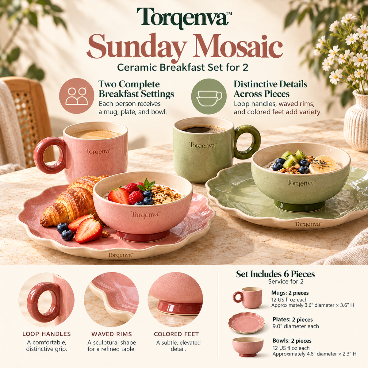 Torqenva™ Sunday Mosaic Ceramic Breakfast Set for 2, 6 Pieces — Coffee Mugs, Brunch Plates & Yogurt Bowls in Coordinated Colors