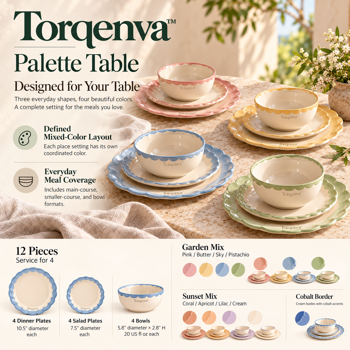 Torqenva™ Palette Table Ceramic Dinnerware Set, 12 Pieces — Colorful Dinner Plates, Salad Plates & Bowls, Service for 4