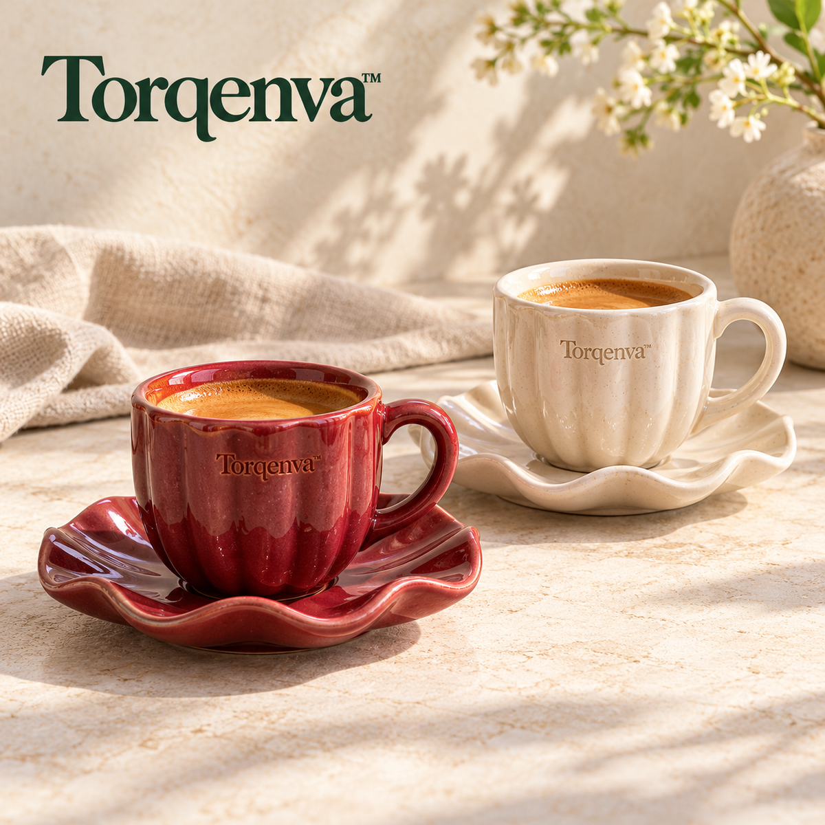 Torqenva™ Ripplekiss Ceramic Espresso Cups & Saucers, Set of 2 — 4 fl oz Demitasse Cups with Wavy Matching Saucers