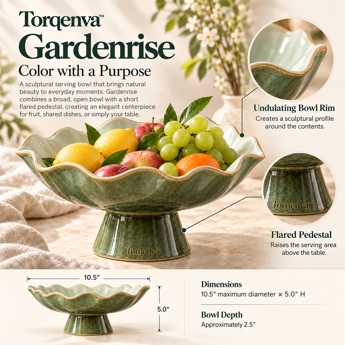 Torqenva™ Gardenrise Ceramic Pedestal Fruit Bowl, 10.5 Inch — Sculptural Wavy Serving Bowl & Table Centerpiece