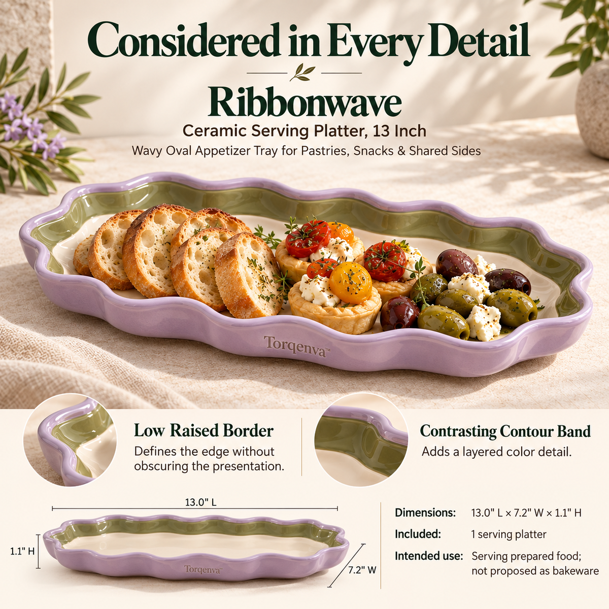 Torqenva™ Ribbonwave Ceramic Serving Platter, 13 Inch — Wavy Oval Appetizer Tray for Pastries, Snacks & Shared Sides
