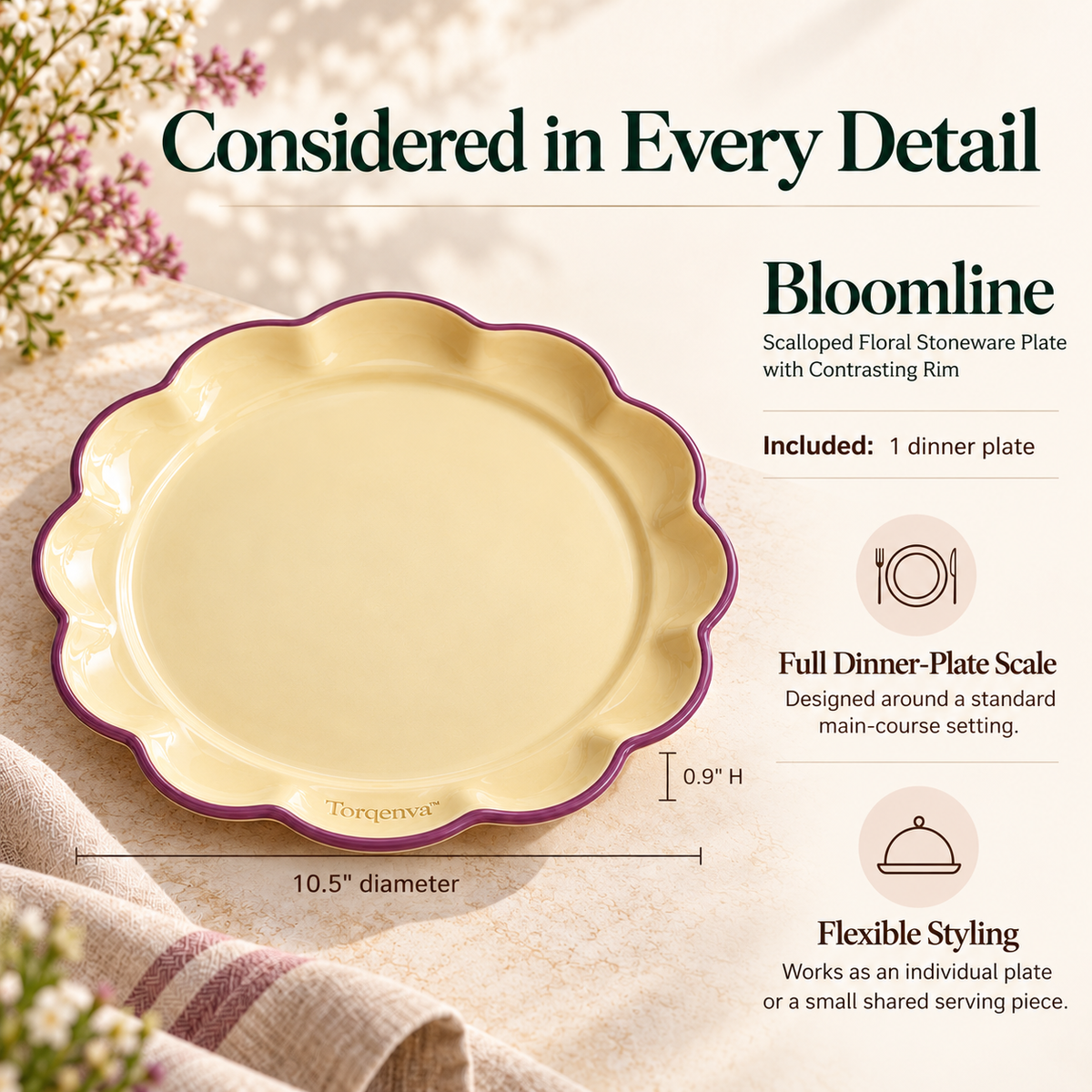 Torqenva™ Bloomline Ceramic Dinner Plate, 10.5 Inch — Scalloped Floral Stoneware Plate with Contrasting Rim