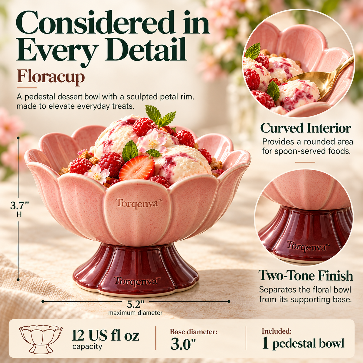 Torqenva™ Floracup Ceramic Dessert Bowl, 12 fl oz — Pedestal Ice Cream Dish with Sculpted Petal Rim