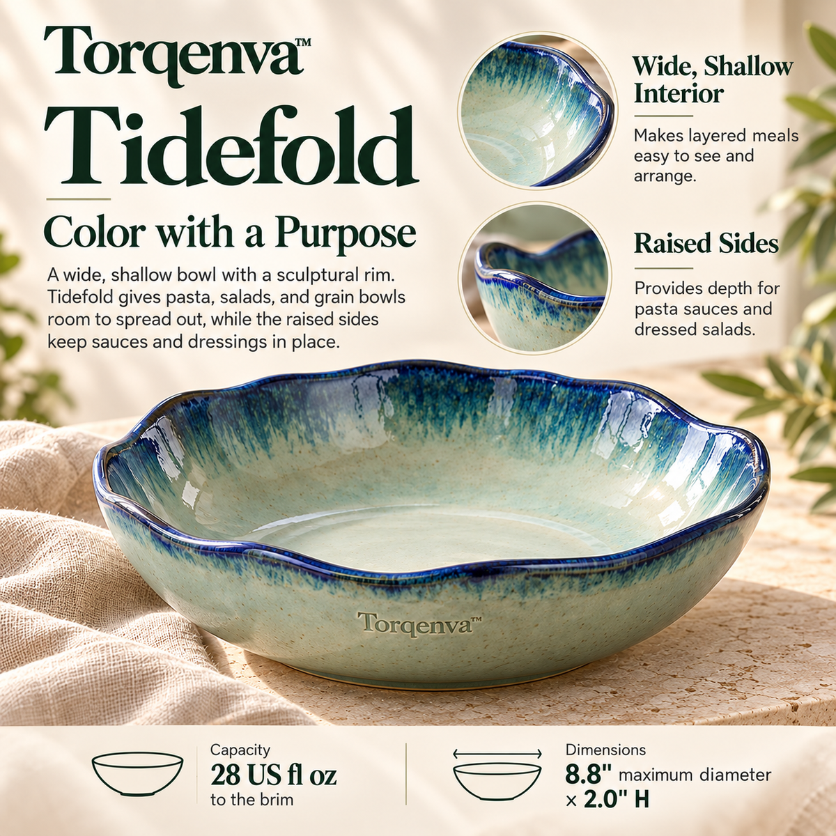 Torqenva™ Tidefold Ceramic Pasta Bowl, 28 fl oz — Wide Shallow Stoneware Bowl for Pasta, Salads & Grain Bowls