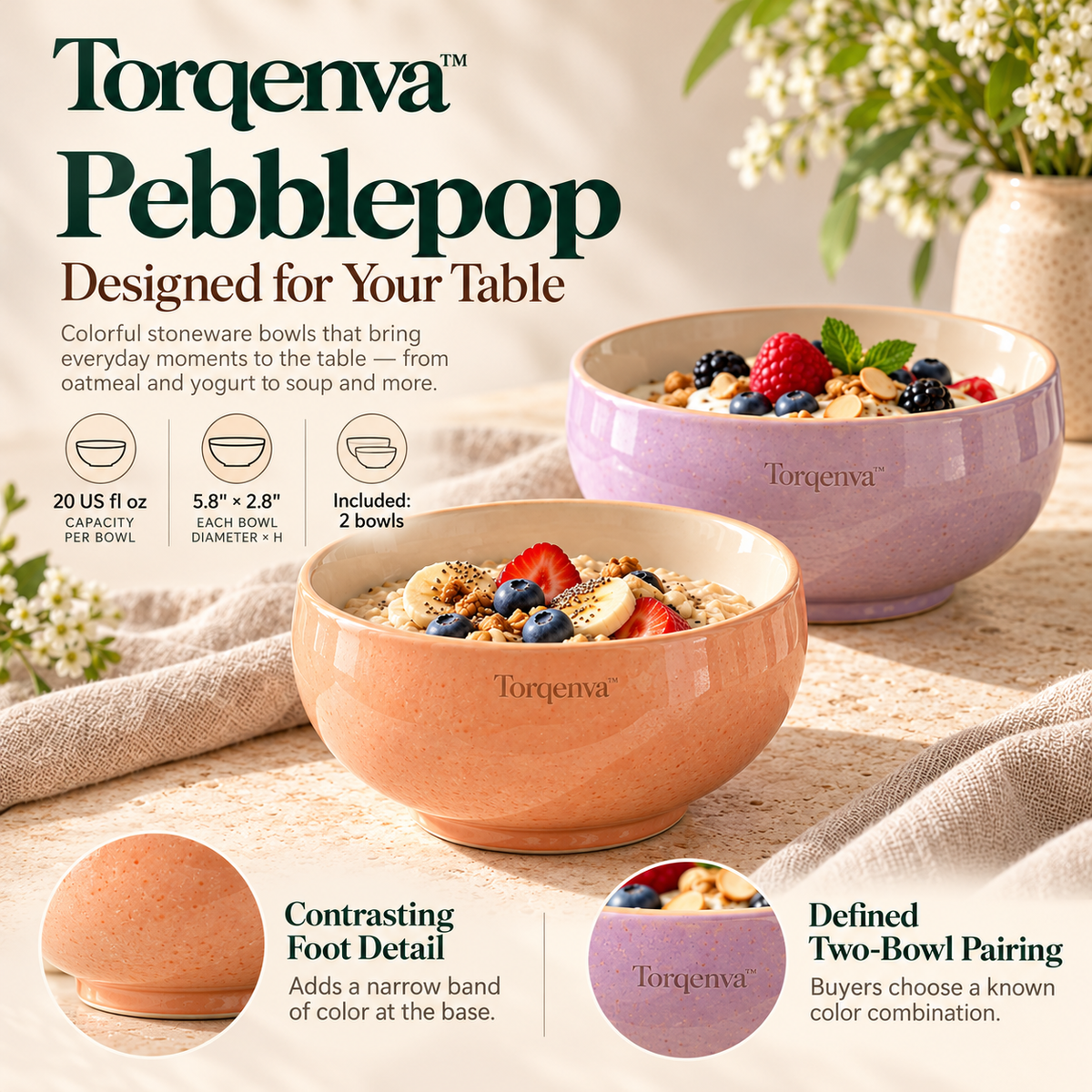 Torqenva™ Pebblepop Ceramic Cereal Bowls, Set of 2 — 20 fl oz Colorful Stoneware Bowls for Oatmeal, Soup & Yogurt