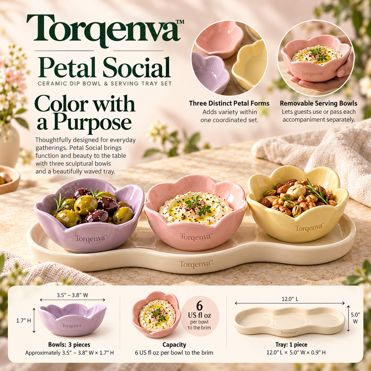 Torqenva™ Petal Social Ceramic Dip Bowl & Serving Tray Set, 4 Pieces — Three Colorful Condiment Bowls with Wavy Appetizer Tray