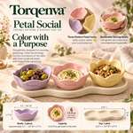 Torqenva™ Petal Social Ceramic Dip Bowl & Serving Tray Set, 4 Pieces — Three Colorful Condiment Bowls with Wavy Appetizer Tray