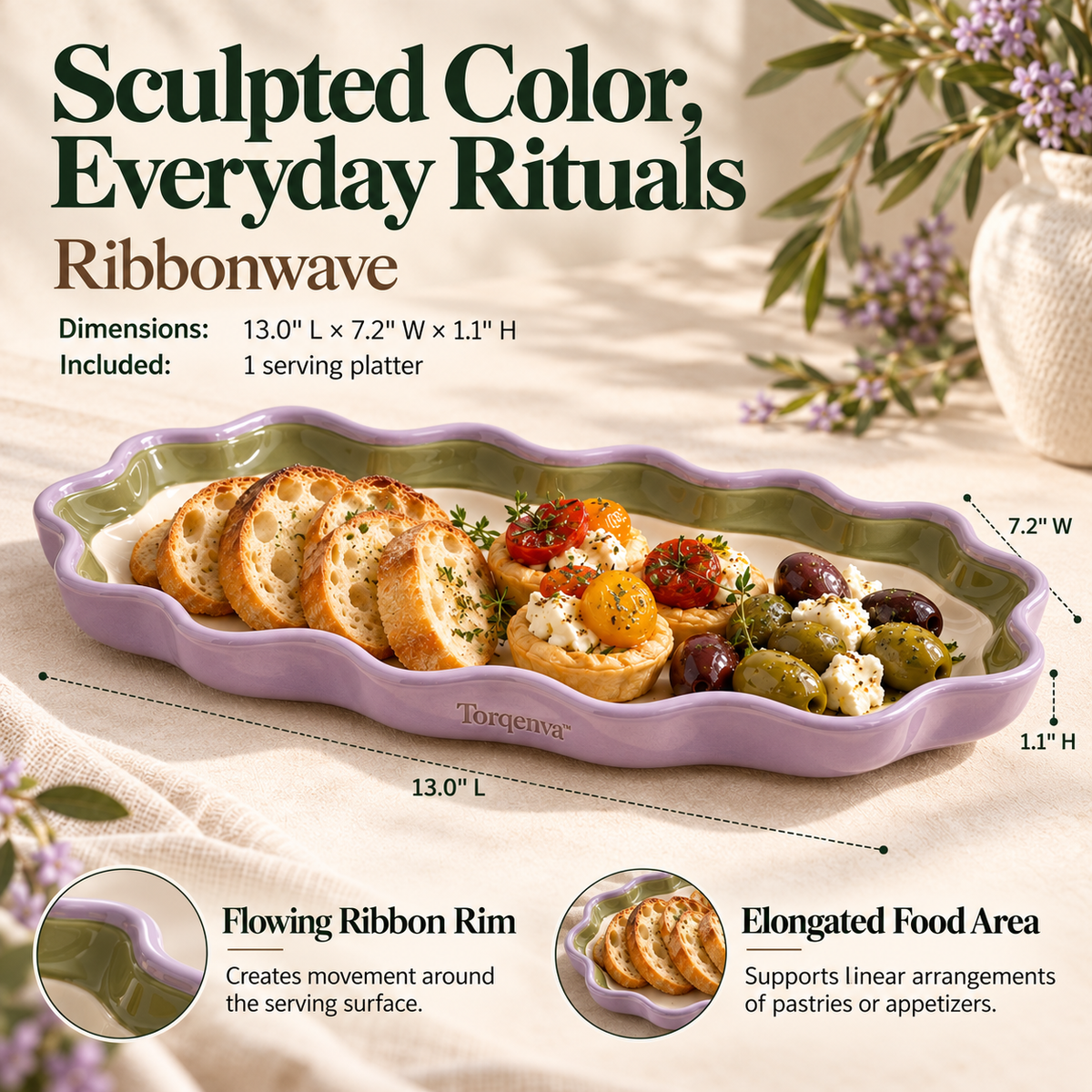Torqenva™ Ribbonwave Ceramic Serving Platter, 13 Inch — Wavy Oval Appetizer Tray for Pastries, Snacks & Shared Sides