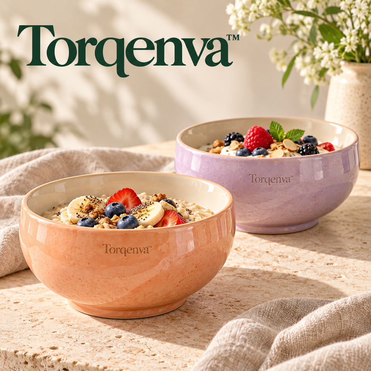 Torqenva™ Pebblepop Ceramic Cereal Bowls, Set of 2 — 20 fl oz Colorful Stoneware Bowls for Oatmeal, Soup & Yogurt