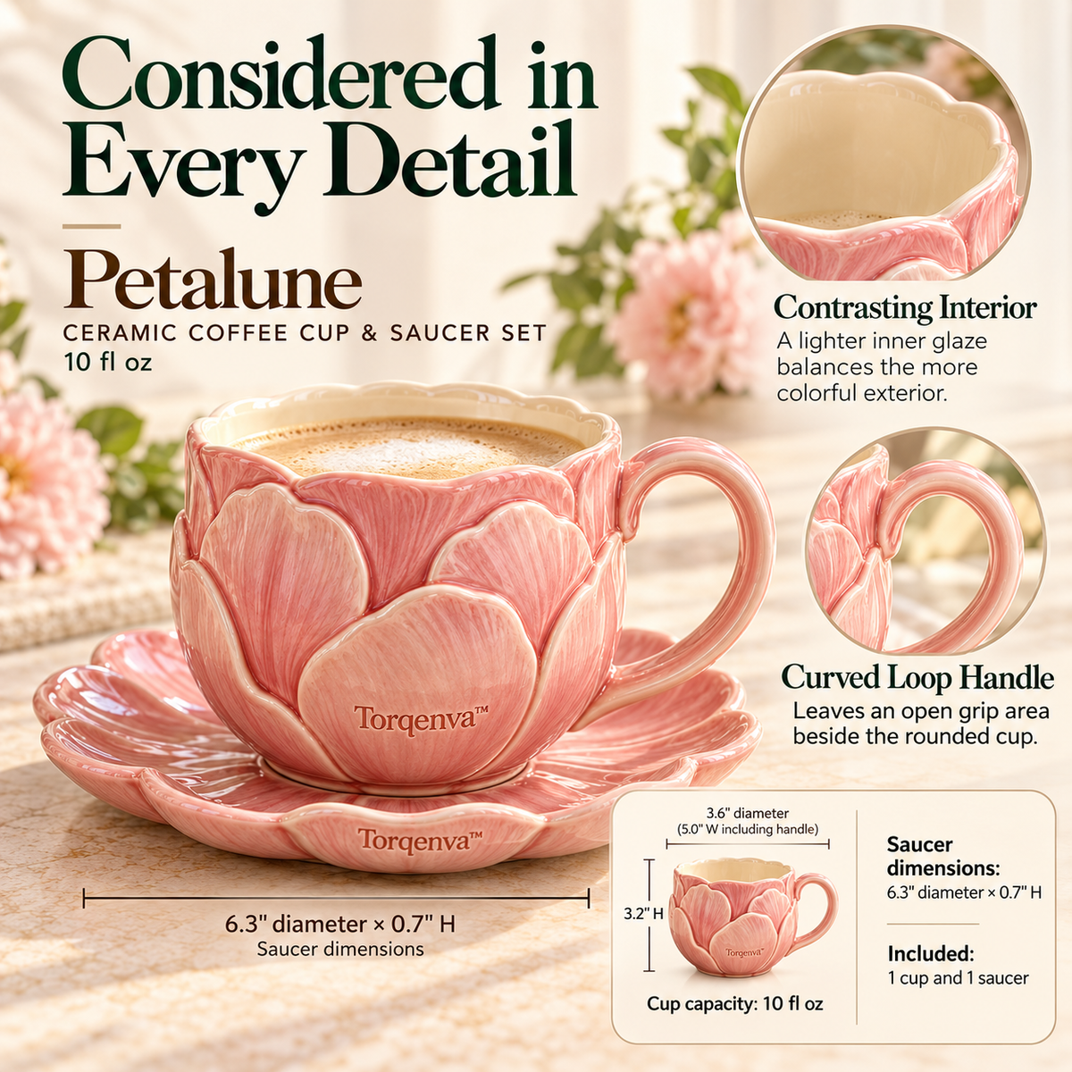 Torqenva™ Petalune Ceramic Coffee Cup & Saucer Set, 10 fl oz — Sculpted Floral Mug with Scalloped Dessert Plate