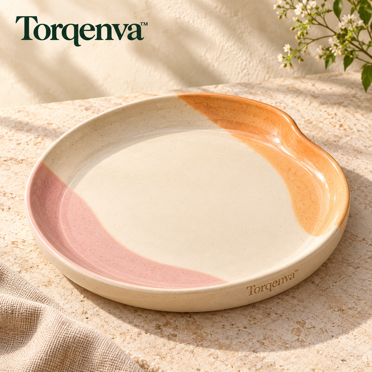 Torqenva™ Sunpatch Ceramic Breakfast Plate, 9 Inch — Colorblock Brunch & Lunch Plate with Raised Crescent Rim