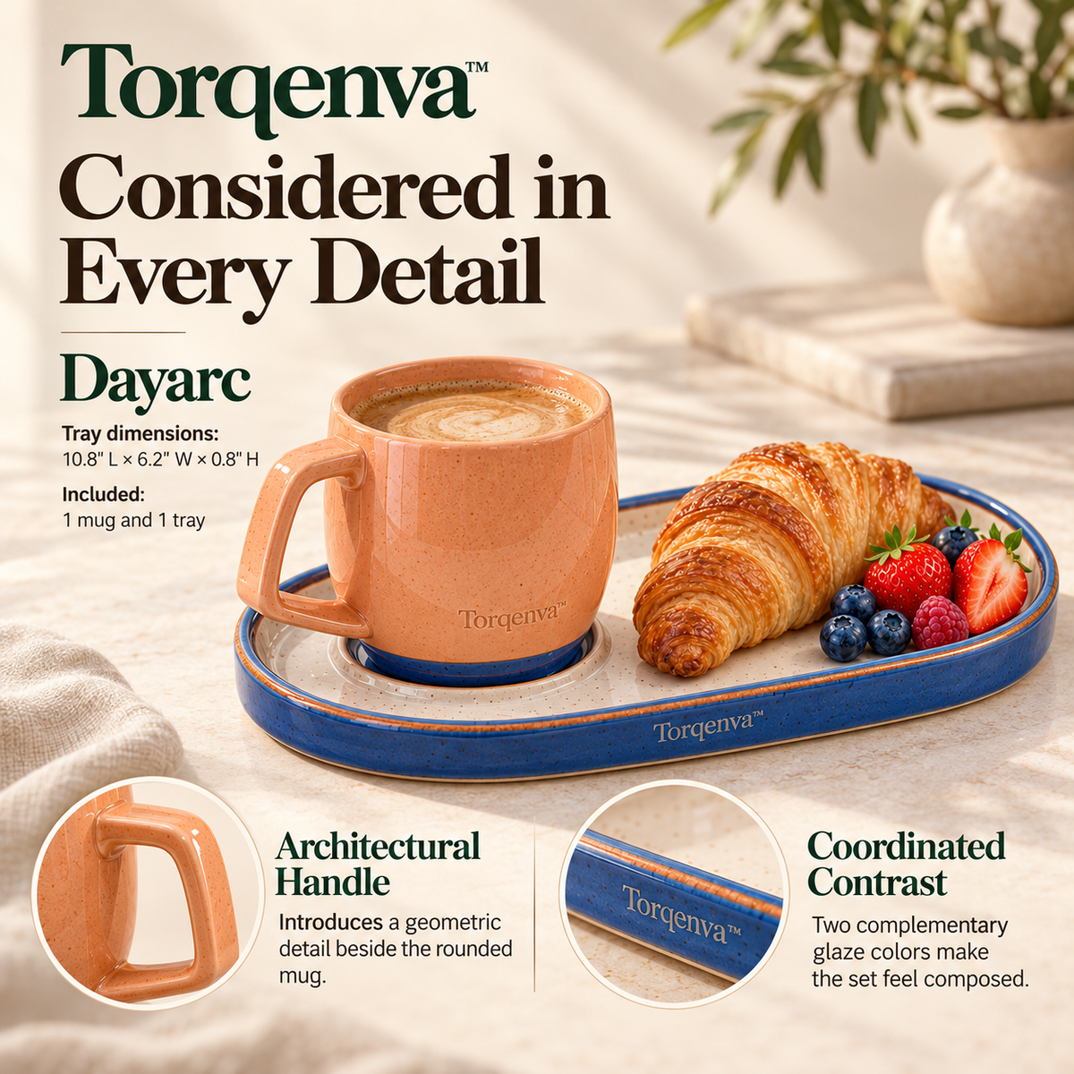 Torqenva™ Dayarc Ceramic Coffee Mug & Breakfast Tray Set — 12 fl oz Mug with Oval Pastry Plate