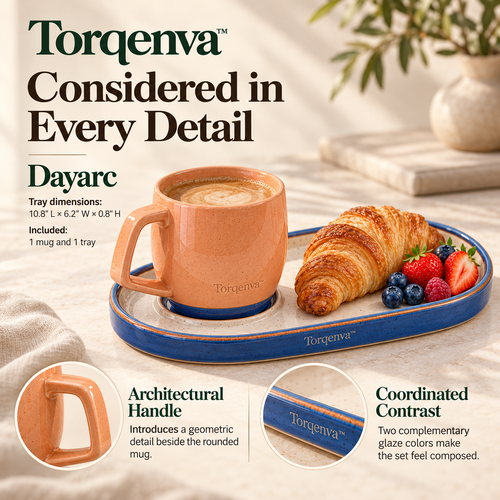 Torqenva™ Dayarc Ceramic Coffee Mug & Breakfast Tray Set — 12 fl oz Mug with Oval Pastry Plate