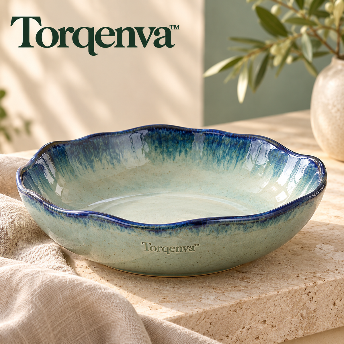 Torqenva™ Tidefold Ceramic Pasta Bowl, 28 fl oz — Wide Shallow Stoneware Bowl for Pasta, Salads & Grain Bowls
