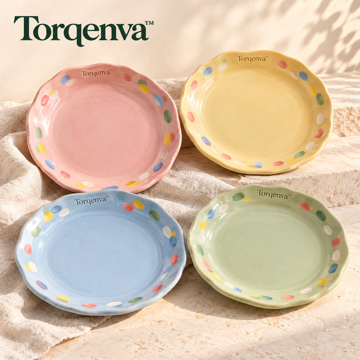 Torqenva™ Confetti Cove Ceramic Dessert Plates, Set of 4 — 7.5 Inch Colorful Salad & Appetizer Plates with Organic Rims