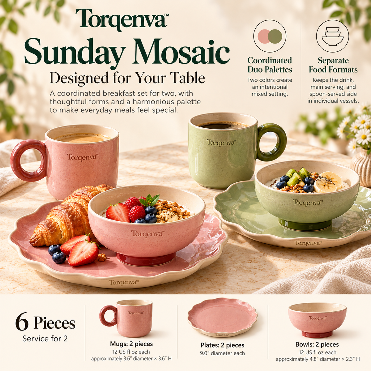 Torqenva™ Sunday Mosaic Ceramic Breakfast Set for 2, 6 Pieces — Coffee Mugs, Brunch Plates & Yogurt Bowls in Coordinated Colors