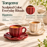 Torqenva™ Ripplekiss Ceramic Espresso Cups & Saucers, Set of 2 — 4 fl oz Demitasse Cups with Wavy Matching Saucers