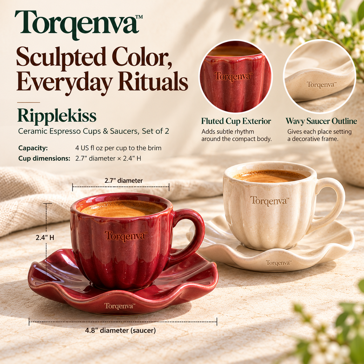 Torqenva™ Ripplekiss Ceramic Espresso Cups & Saucers, Set of 2 — 4 fl oz Demitasse Cups with Wavy Matching Saucers