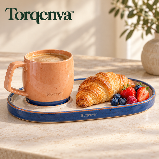 Torqenva™ Dayarc Ceramic Coffee Mug & Breakfast Tray Set — 12 fl oz Mug with Oval Pastry Plate