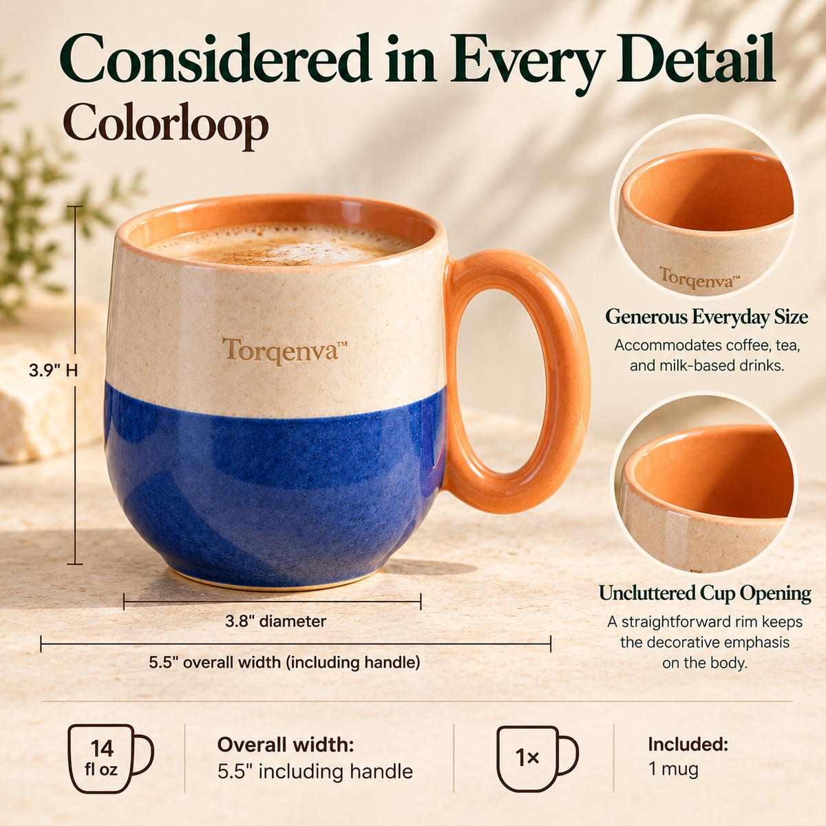 Torqenva™ Colorloop Ceramic Coffee Mug, 14 fl oz — Colorblock Stoneware Tea Cup with Sculptural Loop Handle