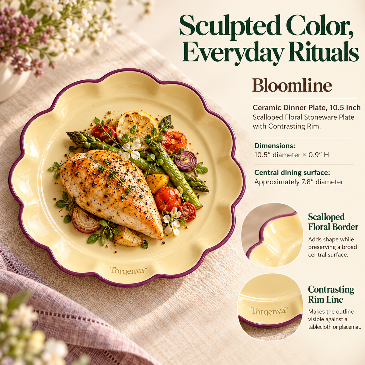 Torqenva™ Bloomline Ceramic Dinner Plate, 10.5 Inch — Scalloped Floral Stoneware Plate with Contrasting Rim