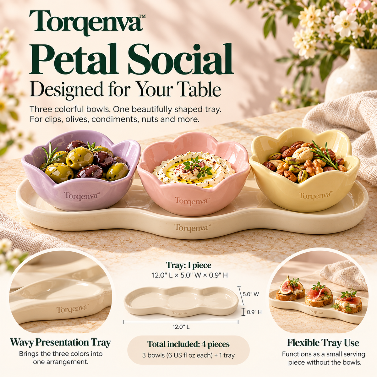 Torqenva™ Petal Social Ceramic Dip Bowl & Serving Tray Set, 4 Pieces — Three Colorful Condiment Bowls with Wavy Appetizer Tray
