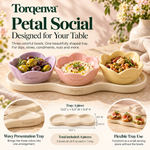 Torqenva™ Petal Social Ceramic Dip Bowl & Serving Tray Set, 4 Pieces — Three Colorful Condiment Bowls with Wavy Appetizer Tray