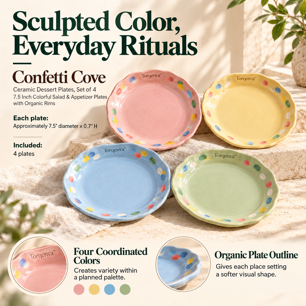 Torqenva™ Confetti Cove Ceramic Dessert Plates, Set of 4 — 7.5 Inch Colorful Salad & Appetizer Plates with Organic Rims