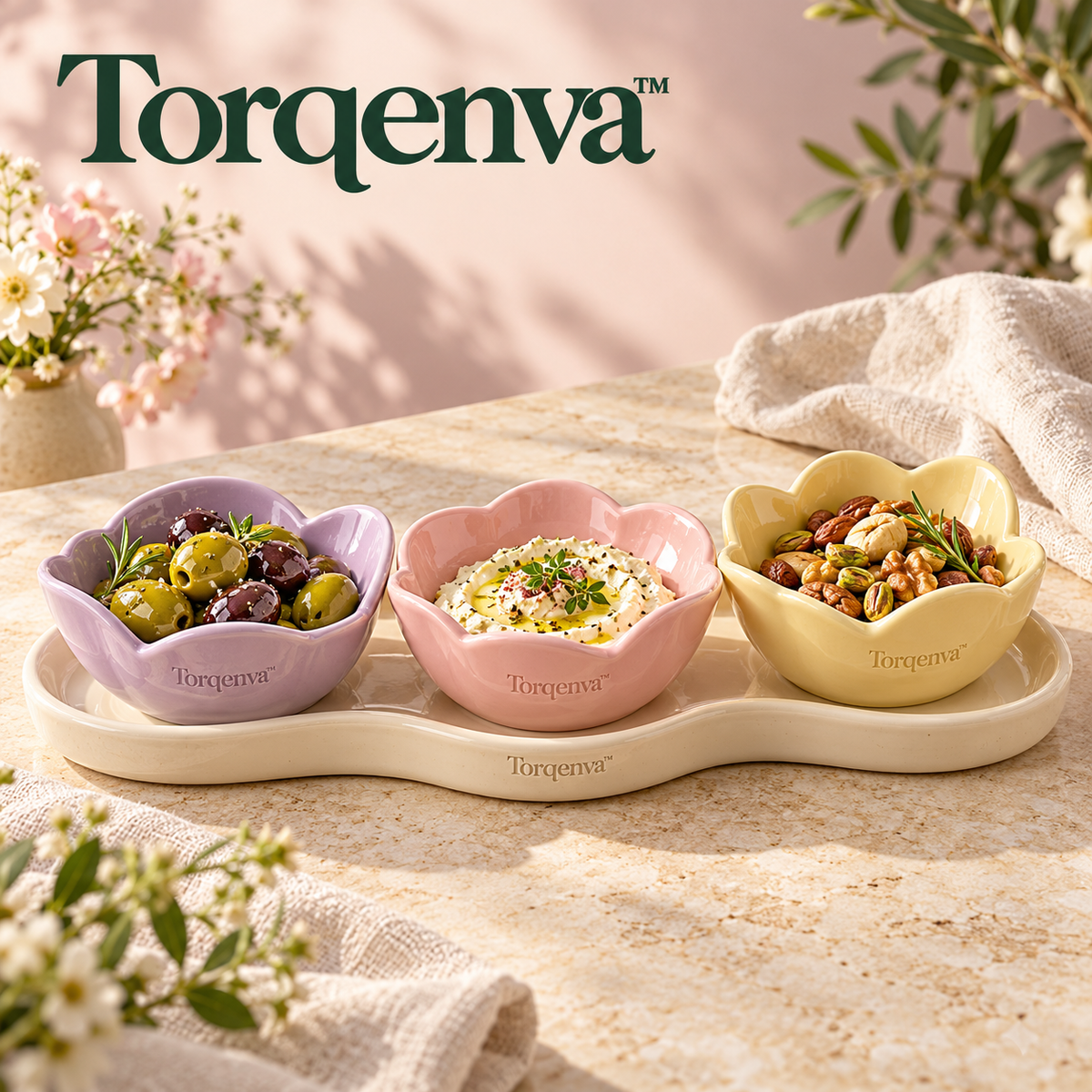 Torqenva™ Petal Social Ceramic Dip Bowl & Serving Tray Set, 4 Pieces — Three Colorful Condiment Bowls with Wavy Appetizer Tray