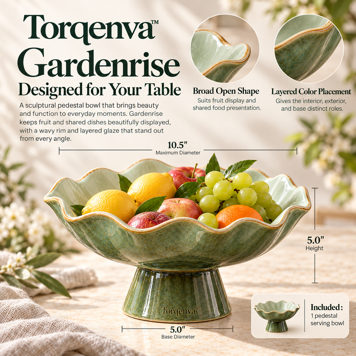 Torqenva™ Gardenrise Ceramic Pedestal Fruit Bowl, 10.5 Inch — Sculptural Wavy Serving Bowl & Table Centerpiece
