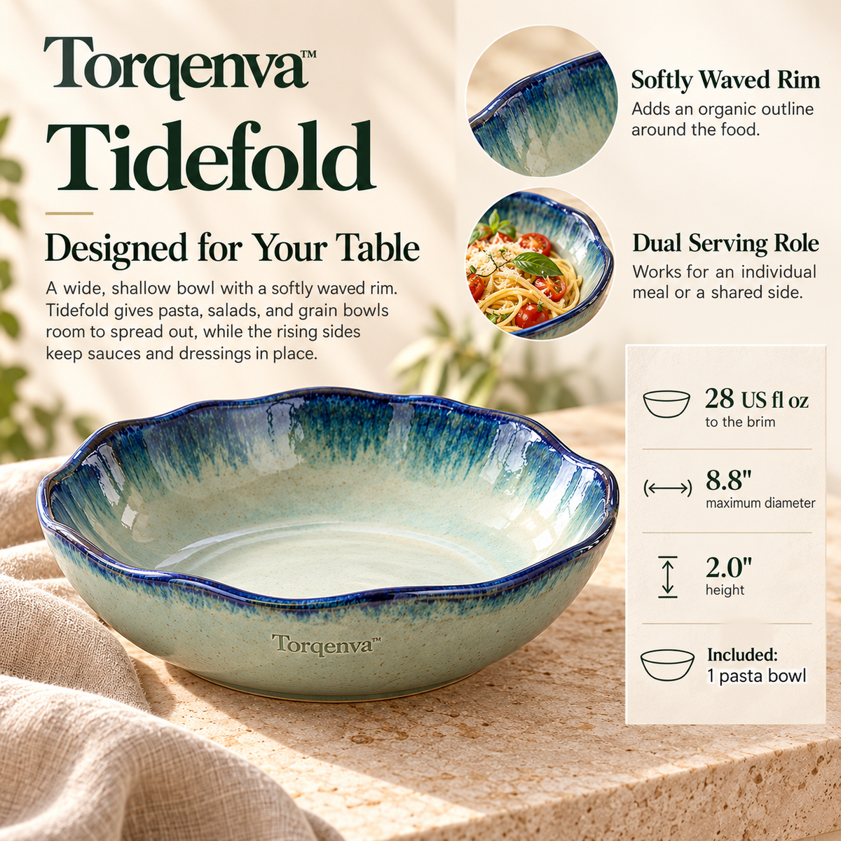 Torqenva™ Tidefold Ceramic Pasta Bowl, 28 fl oz — Wide Shallow Stoneware Bowl for Pasta, Salads & Grain Bowls