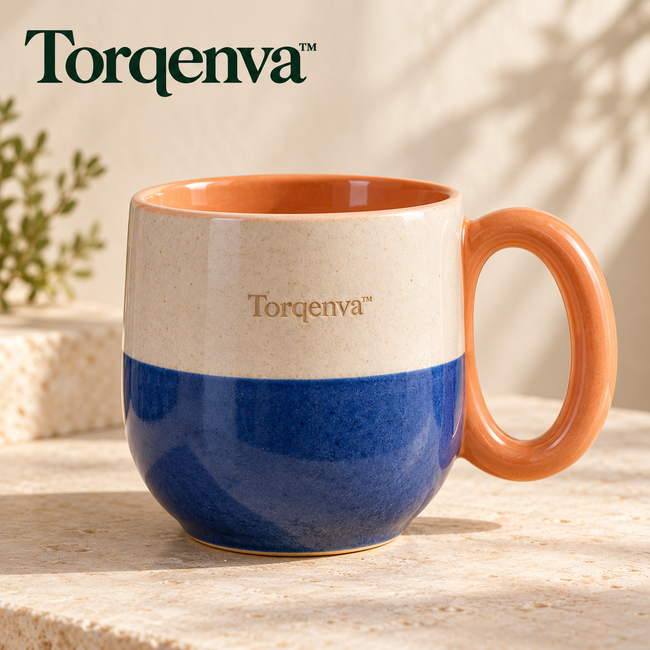 Torqenva™ Colorloop Ceramic Coffee Mug, 14 fl oz — Colorblock Stoneware Tea Cup with Sculptural Loop Handle