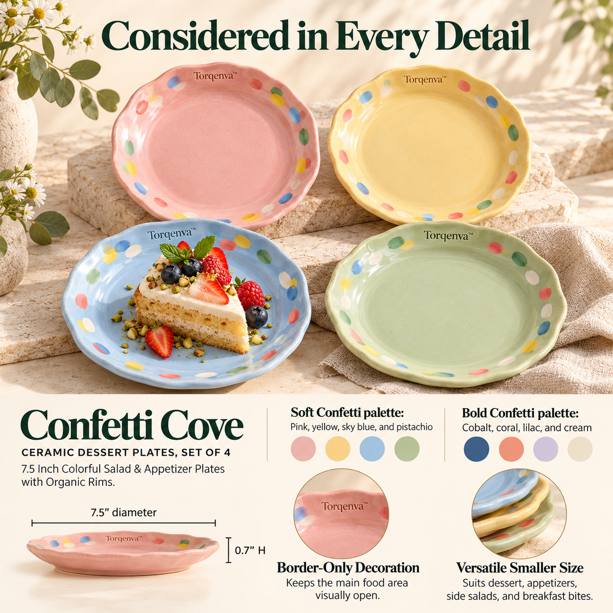 Torqenva™ Confetti Cove Ceramic Dessert Plates, Set of 4 — 7.5 Inch Colorful Salad & Appetizer Plates with Organic Rims