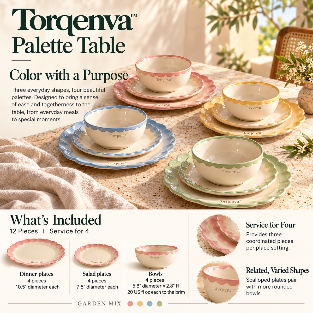 Torqenva™ Palette Table Ceramic Dinnerware Set, 12 Pieces — Colorful Dinner Plates, Salad Plates & Bowls, Service for 4
