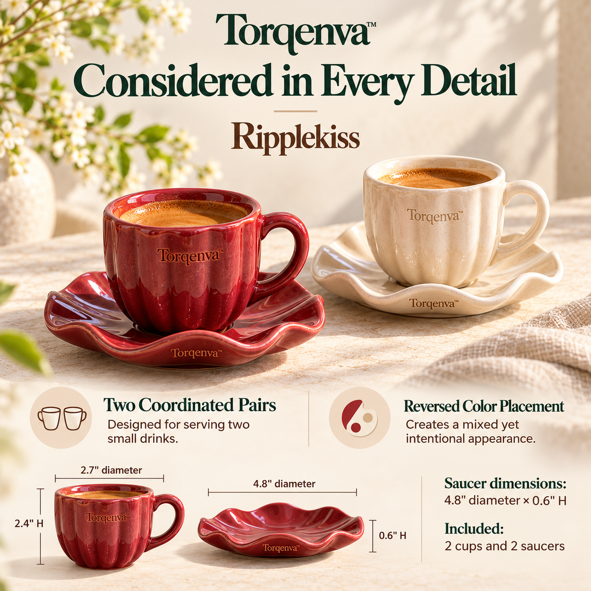 Torqenva™ Ripplekiss Ceramic Espresso Cups & Saucers, Set of 2 — 4 fl oz Demitasse Cups with Wavy Matching Saucers